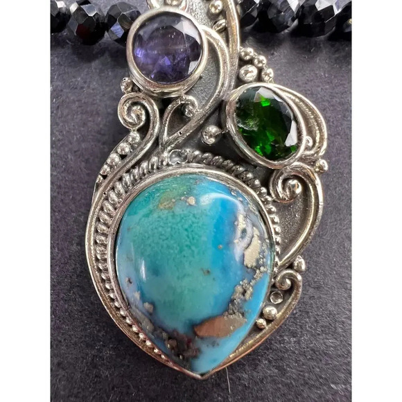 Black spinel and turquoise multi gem sterling silver pendant necklace - Picture 4 of 11